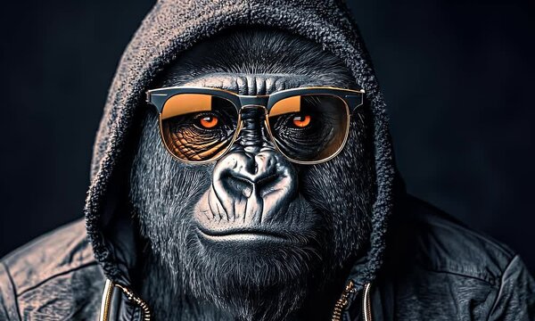 Gorilla with a hoodie and sunglasses, looking cool. Close up, detailed shot