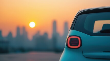 Naklejka premium Car silhouette with sunset and city skyline in the background.