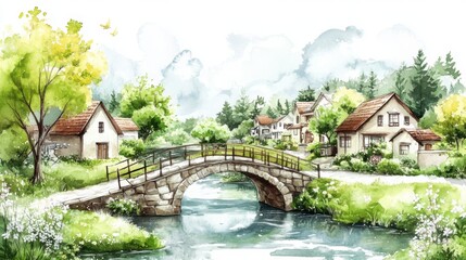 A serene watercolor landscape featuring a quaint village with houses, a stone bridge over a river, and lush greenery.