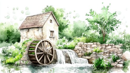Obraz premium A serene watercolor depiction of a countryside scene featuring a watermill, flowing stream, and lush greenery.