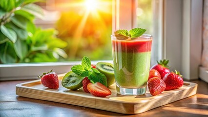 Refreshing layered smoothie with strawberries and kiwi, garnished with mint, presented on a wooden tray near a sunlit window.