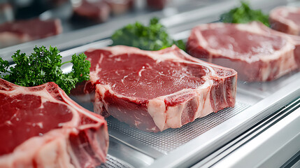 Slicing fresh cuts of meat butcher shop food display clean environment close-up view quality ingredients