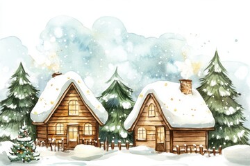 A cozy winter scene featuring two wooden cottages surrounded by snow-covered trees and a decorated Christmas tree.