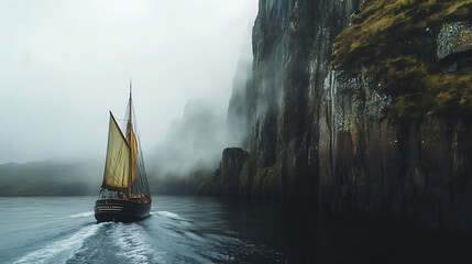 Sailing adventure on a historic sailboat ocean landmark journey misty atmosphere travel experience