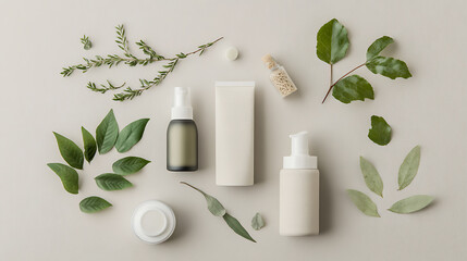 Natural skincare products display minimalist setting flat lay arrangement organic environment aesthetic viewpoint