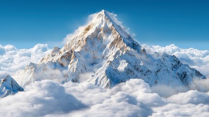 Naklejka premium Majestic mountain peak rising above clouds himalayan region nature photography clear blue sky aerial view adventure concept