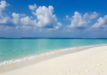 Obraz premium Beautiful Beach Landscape Turquoise Water, White Sand, Blue Sky, Fluffy Clouds. Tropical Paradise.