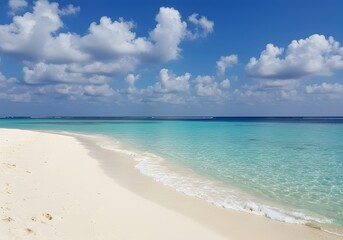 Obraz premium Tropical Beach Paradise Turquoise Water, White Sand, Blue Sky, Clouds, Calm Ocean, Summer Vacation, Travel