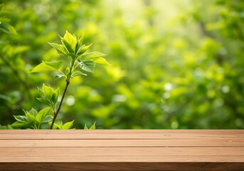 Wooden Tabletop and Lush Green Foliage Background, Perfect for Product Display and Nature-Themed Designs.