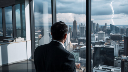 A person in formal attire gazes at a cityscape through a window, a storm visible with lightning striking in the distance. The person is focused on the city's skyscrapers.