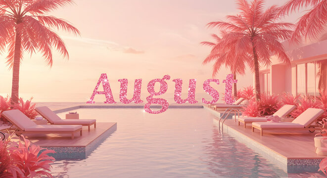 Pink Palm Tree Scene with Swimming Pool and Sparkling August Text