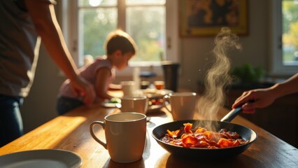 Naklejka premium Family is gathered around a table with a pan of food on it. The table is set with plates, cups, and utensils. Scene is warm and inviting