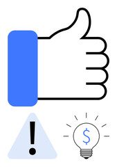 Thumbs up gesture with blue sleeve, triangle caution icon, and glowing bulb with dollar sign. Ideal for feedback, warning, finance, decision-making, innovation creativity problem-solving. Flat