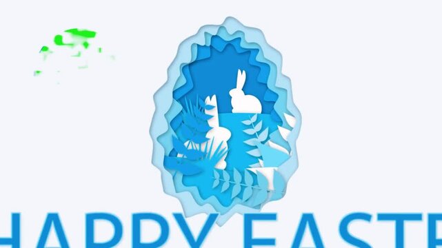 Happy Easter text and green screen chroma key composition for easter design. Happy Easter blue colored text on a white background. Flat lay, top view, copy space