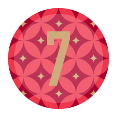 Abstract red circular design with a bold gold number 7 in the center, surrounded by floral and star-inspired patterns, perfect for creative digital and branding projects.