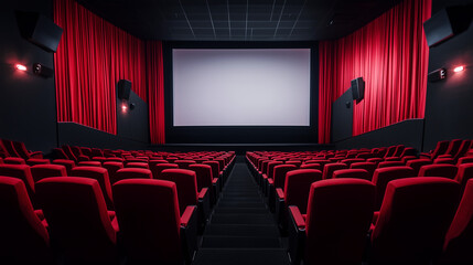 Fototapeta premium Empty Cinema Hall with Red Seats and Large Screen Ready for Movie Premiere in a Dark Theater 
