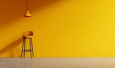 Minimalist yellow room with a chair and pendant lamp