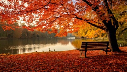 Autumn Serenity: A tranquil lakeside scene, featuring a park bench beneath a canopy of fiery red autumn foliage, reflected in the calm water, inviting contemplation and rest.
