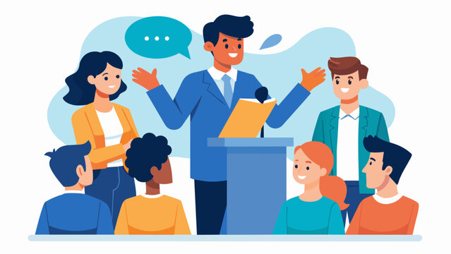 A group of students gather in a workshop on public speaking taking turns practicing their speeches and receiving feedback from their peers. Through the support and encouragement of. Vector