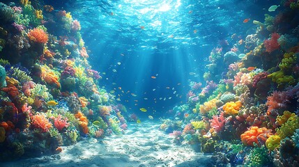 Fototapeta premium Ocean's vibrant coral reef, where the sun's rays dance through the crystal-clear water, illuminating a kaleidoscope of life.