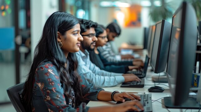 A young team of South Asian specialists works on desktop computers at a modern office, with an Indian software developer discussing a financial software project with a female team leader.