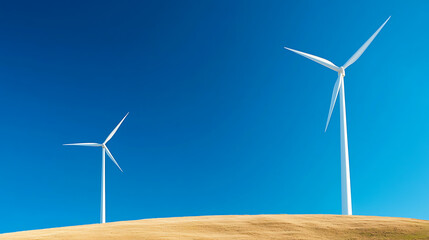 Fototapeta premium Wind turbines generating renewable energy in a clear blue sky over rolling hills nature photography landscape view