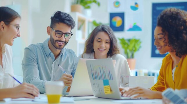 A diverse group of young adults brainstorm in an office meeting room, using laptops and charts to analyze new data aimed at improving startup performance.


