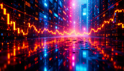 Obraz premium Bright neon cityscape with digital data lines overlay. Futuristic urban scene with glowing red and blue lights reflecting on the ground.