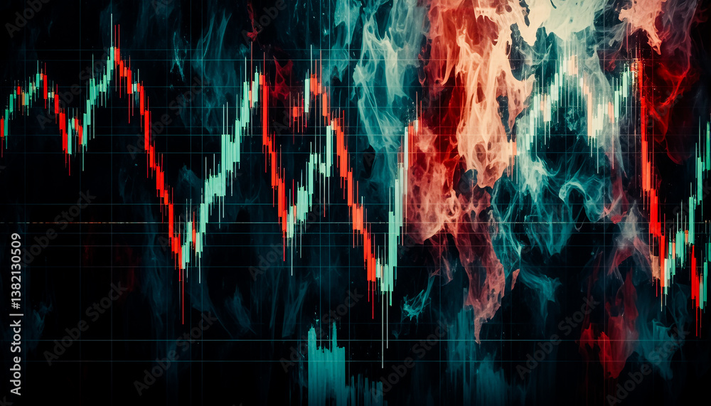 Aufkleber abstract financial chart with fluctuating red and green lines over a dark, smoky backdrop with blue 