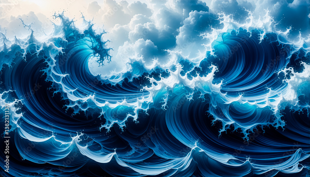 Poster Majestic ocean waves surge and churn, creating a dynamic and powerful seascape.  Dramatic clouds fill the sky above the turbulent, blue and white water.