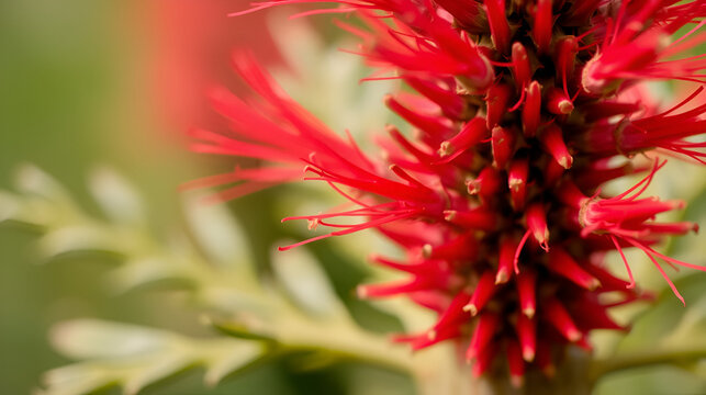 close up of a red bottlebrush flower