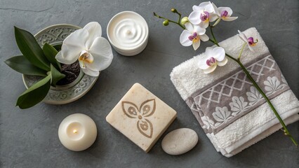 Spa orchid theme objects on grey background