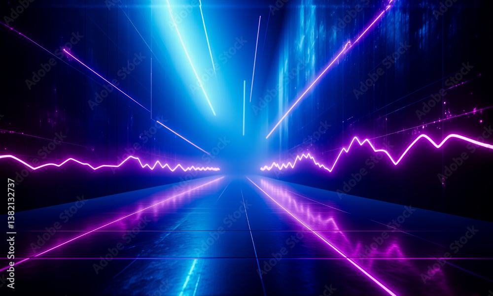Poster Neon lights in blue and purple create a futuristic tunnel with perspective on a dark reflective surface, evoking a sense of speed and energy.