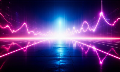 Fototapeta premium Neon pink waves surge against a blue backdrop, creating a vibrant, futuristic scene with glowing lines and a sense of dynamic energy.