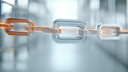 Obraz premium Close-up of transparent digital chain link symbolizing connectivity and blockchain technology in modern design.