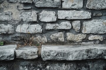 Naklejka premium Stone brick wall with uneven texture and light mortar lines