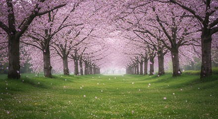 Fototapeta premium Pink Cherry Blossom Tunnel Over Lush Green Lawn