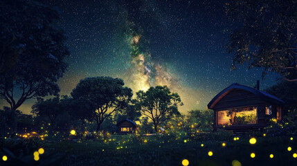 Fototapeta premium serene night time view of starry sky filled with twinkling stars above peaceful landscape. scene features cozy cabins surrounded by lush trees and glowing fireflies, creating magical atmosphere