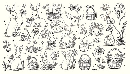 Easter Bunnies Line Art with Eggs, Flowers, and Baskets