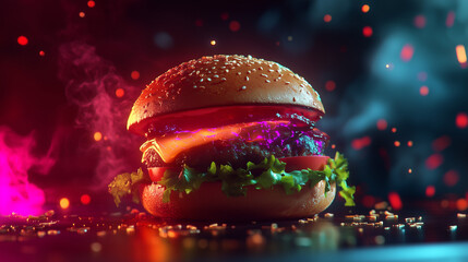 Burger with futuristic neon cyberpunk concept. Sci-fi food plating. Professional food styling idea with dynamic composition. 