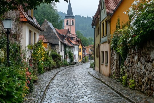 Cobblestone alley in old European town with colorful houses and plants