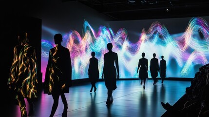 Elegant Fashion Models Walking on Runway with Colorful Backdrop