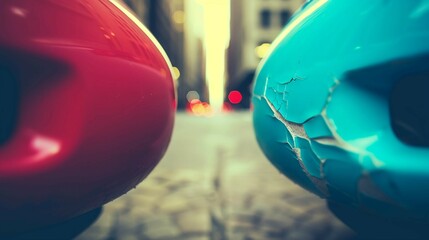 Close-up of two car bumpers touching with cracked paint, minor collision damage on vehicles in urban traffic, concept of road accidents and auto insurance claims.