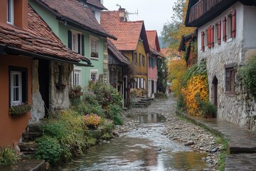 Fototapeta premium Quaint cobblestone street with colorful buildings and potted flowers in summer