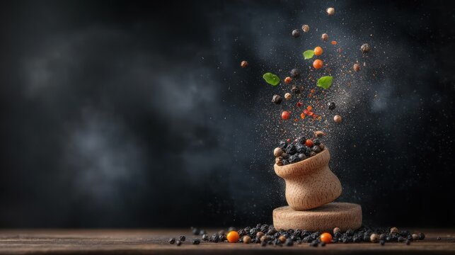 Peppercorns and spices exploding