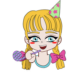 illustration a girl with blonde braided hair and a pretty ribbon at a birthday party
