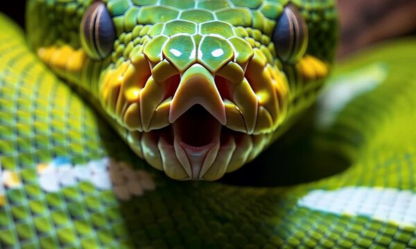 A vibrant green snake with an open mouth showcases its intricate scale patterns and captivating eyes