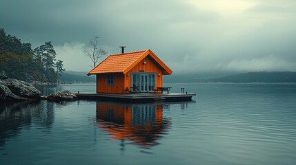 Obraz premium Tranquil wooden cabin on a serene lake