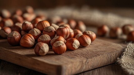 A natural, organic still life of hazelnuts resting on a wooden cutting board, with a blurred background for depth.