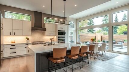 A modern kitchen interior with stylish furniture.